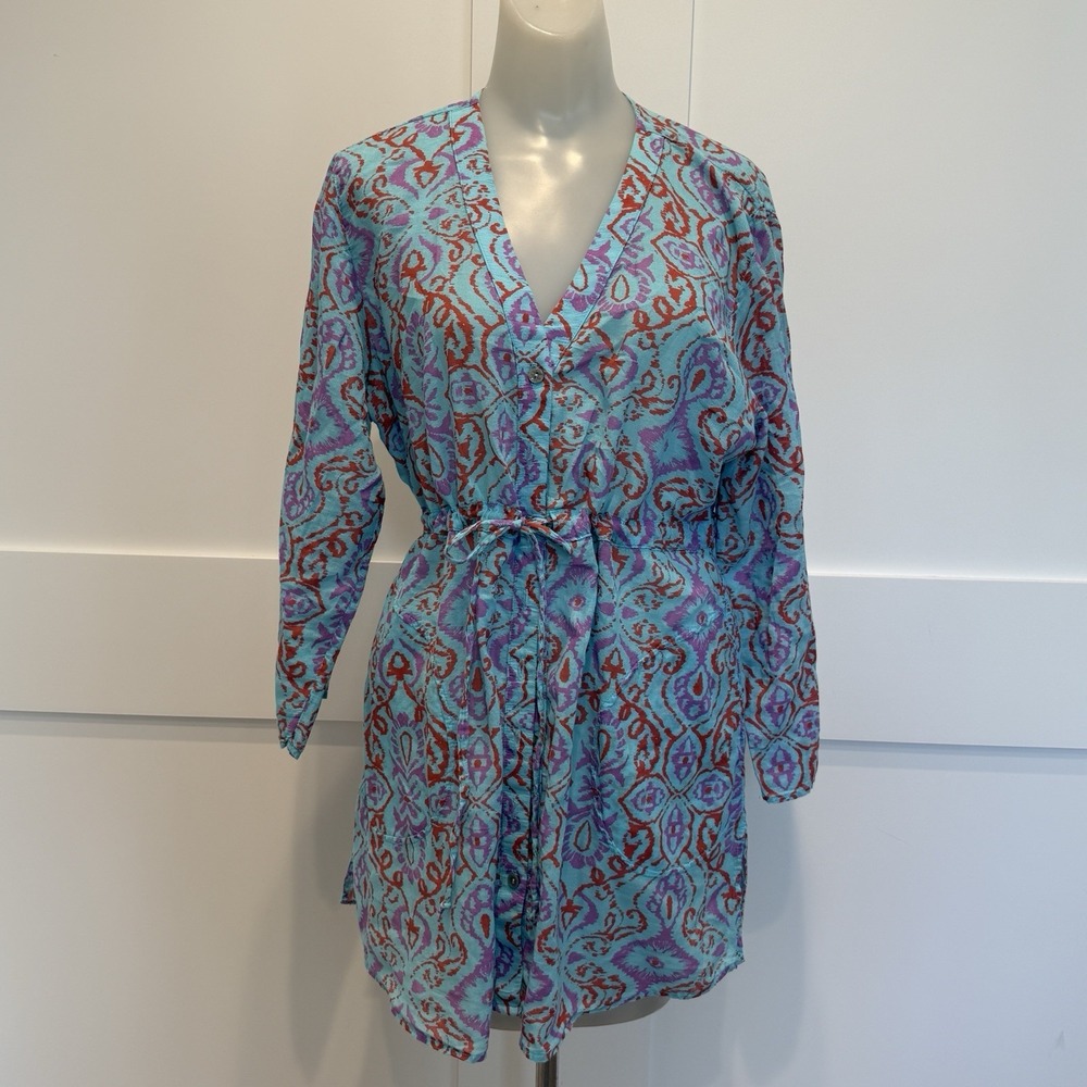 Fresh Produce Boho Tunic Dress Aqua Pink Cotton Beach Cover Up Size Large